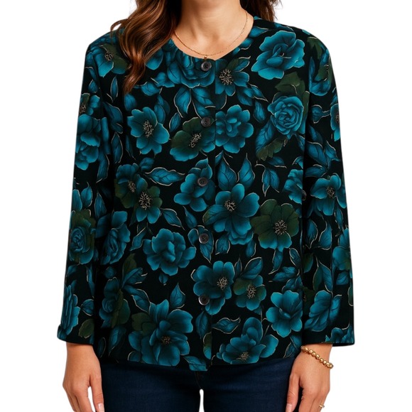 Notations Tops - Notations Teal Floral Button Front Blouse Top XL Stretch Long Sleeve Vintage 90s